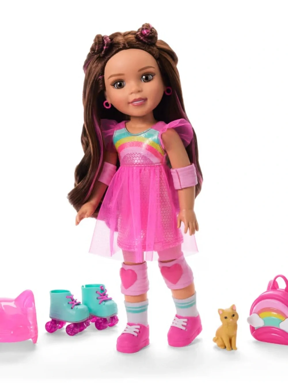 American Girl Lea Doll in Pink Rainbow Outfit with Teal Skates